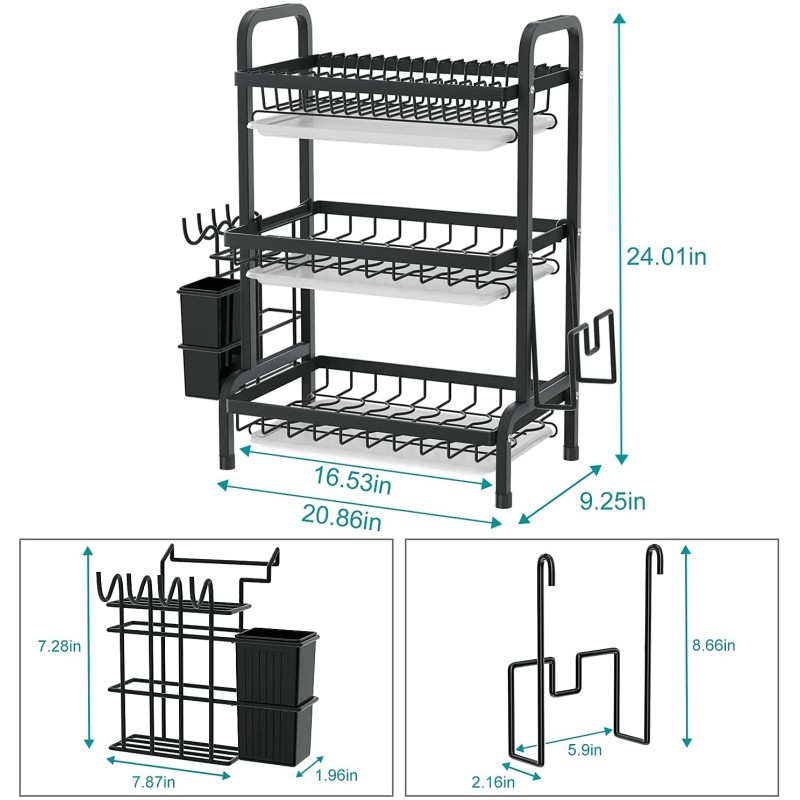 Égouttoir à vaisselle,3 niveaux avec porte-ustensiles, antirouille