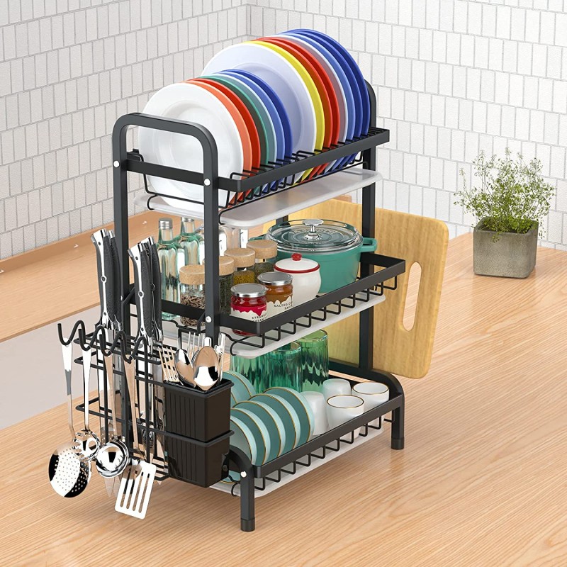 Égouttoir à vaisselle,3 niveaux avec porte-ustensiles, antirouille