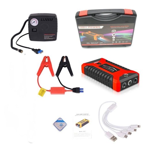 kit Booster de démarrage de voiture + Pompe a air pneu voiture + Power Bank + torche lumière numériquege de bout de voiture