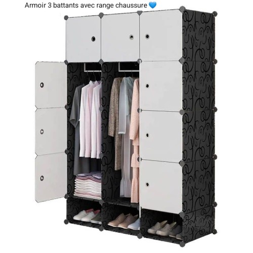 Armoire Rangement Vêtements -Penderie plastique 12 Cubes avec range chaussures - Noir/Blanc