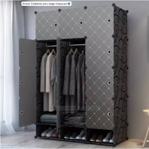 Armoire Rangement Vêtements -Penderie plastique 12 Cubes avec range chaussures - Noir/Blanc