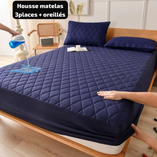 Drap Housse Protection Matelas 3places (double lit) - Protège Matelas- Bleu